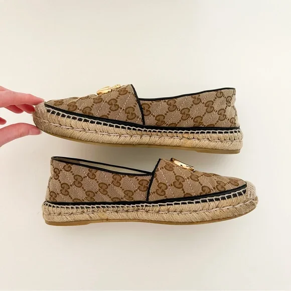 Gucci Pilar GG Supreme Canvas Espadrilles Brown Logo Marmont Flat Slip on EU 38 - Picture 7 of 11